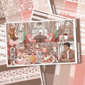 May include: A planner sticker sheet with a "Coffee Date" theme. The illustration features a cafe scene with food, drinks, and people. The color palette includes shades of pink, brown, and white. Decorative elements include bows and hearts.