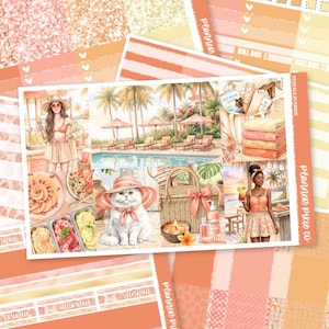 May include: A sticker sheet featuring a summer theme with illustrations of a pool, palm trees, a white cat wearing a sun hat, a woven basket, stacked towels, and two people in orange outfits, with the text Planner Pixie Co and Tequila Sunrise.