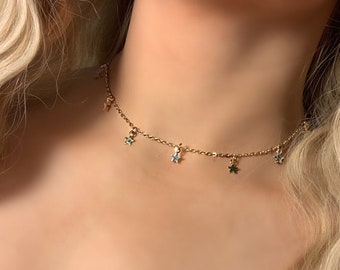 Silver / Gold Star Charm Chain Choker Necklace. Pendant. Clear Crystal Charms. Crystals. Gift. (8)