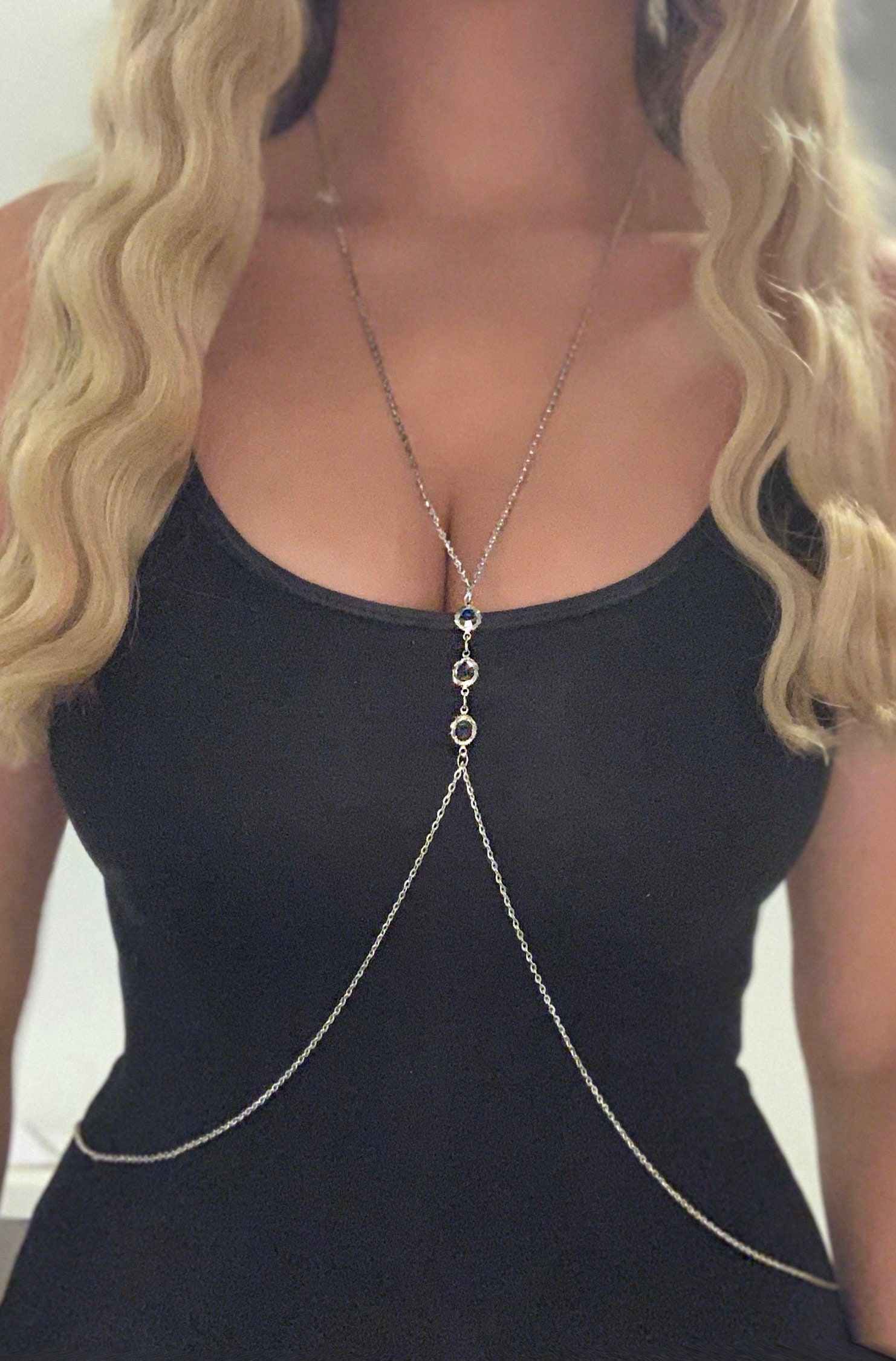 Silver Chest Necklace With Crystal Charms Body Chain Jewelry Etsy