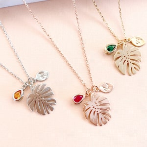 Personalized Birthstone Monstera Necklace: Tropical Initial Jewelry