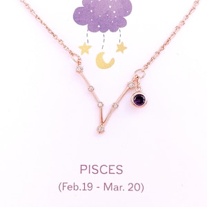 Rose Gold Pisces Necklace: Zodiac Constellation, Birthstone Jewelry