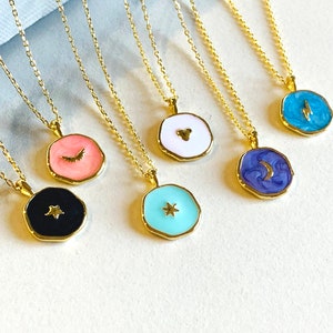 14K Gold Coin Necklaces for Women Heart Star, Moon Shape Round Pendant Gold Necklace Moon Star Gold Necklace Minimalist Jewelry Gift for her