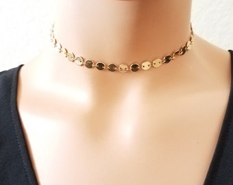 Gold coin choker Necklace, minimal, delicate, dainty, gold layering necklaces, Gold Choker, Boho Choker Necklace