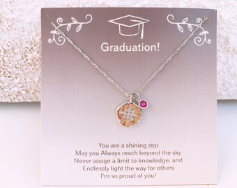Graduation Gift Birthstone Star Necklace, Compass Necklace Gold Pendants Necklace Personalized Wanderlust Jewelry North Star Necklace