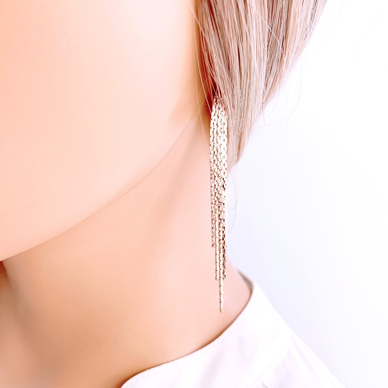 Rose Gold Tassel Earrings Shinny Tassel Earrings Fringe Etsy