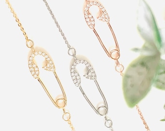 Cubic Zirconia Safety Pin Bracelet: Gold, Rose Gold, Rhodium Plated