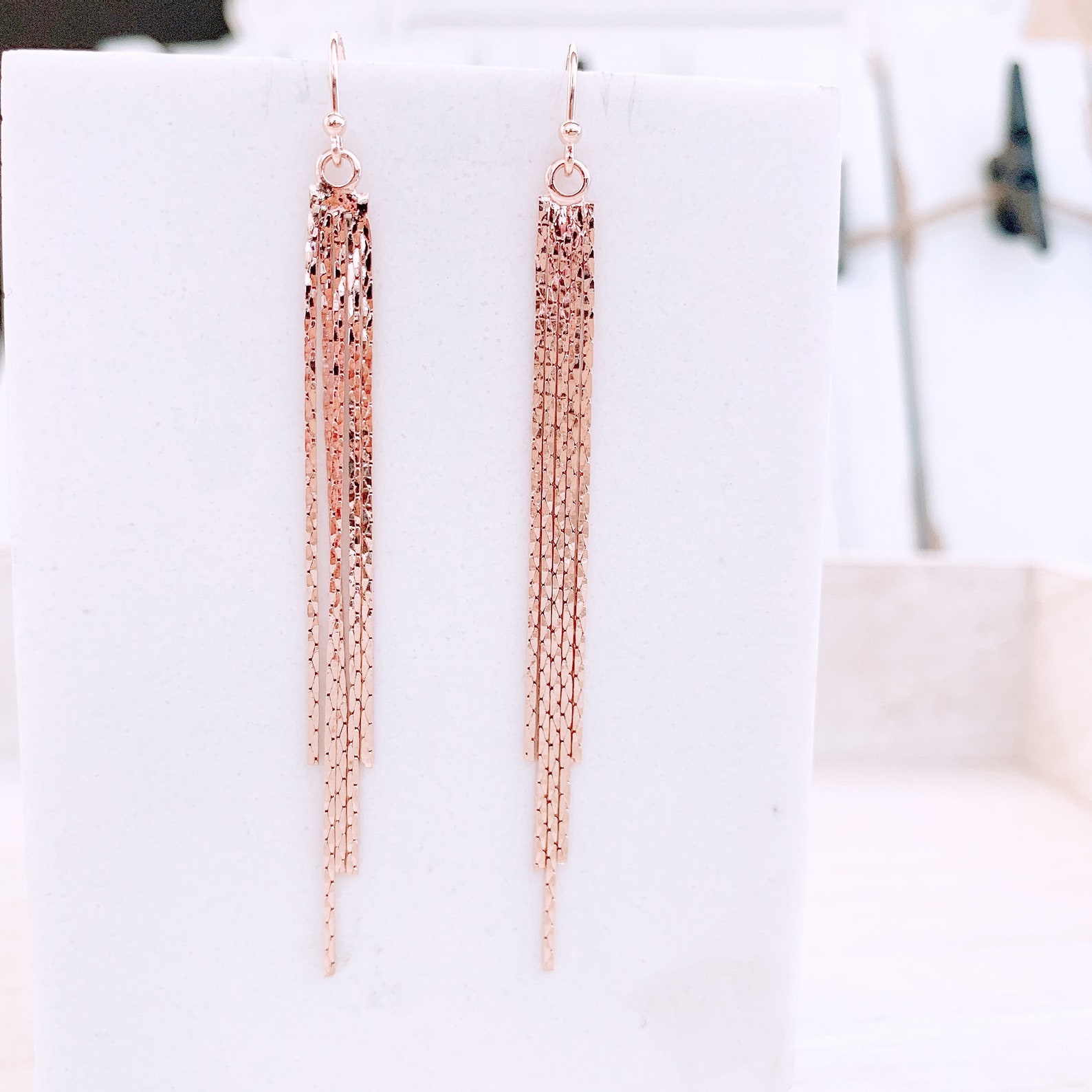 Rose Gold Tassel Earrings Shinny Tassel Earrings Fringe Etsy