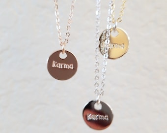 KARMA necklace, Karma hand stamped gold, rose gold necklace, Disc initial necklace, Eternal Love Necklace, Gift for her