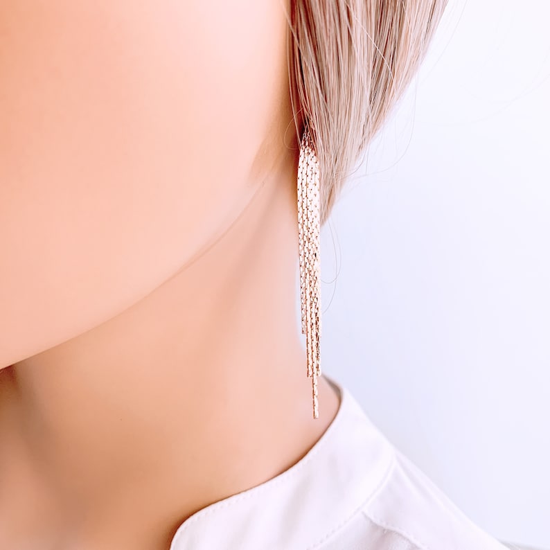 Rose Gold Tassel Earrings Shinny Tassel Earrings Fringe Etsy