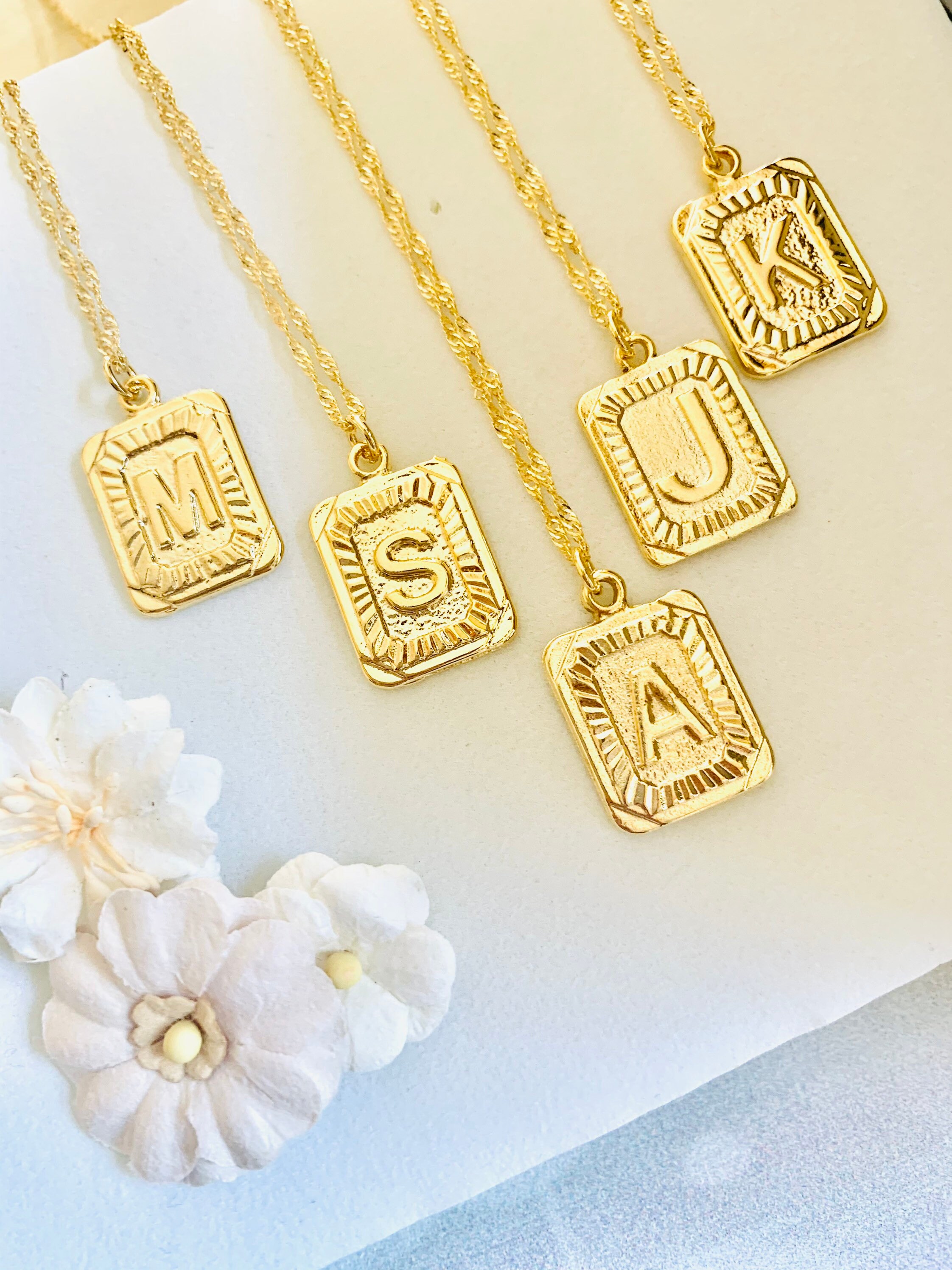 Gold square initial necklace deals