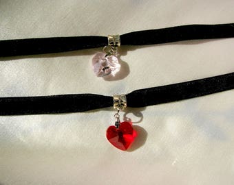 Thin velvet choker, Black velvet choker, Crystal heart velvet choker, heart choker , Boho Choker, red heart charm, pink heart choker,