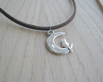 Cat on moon necklace, Silver moon pendent, kitty Silver necklace, Cat and moon necklace, cute kitten necklace,Animals necklace
