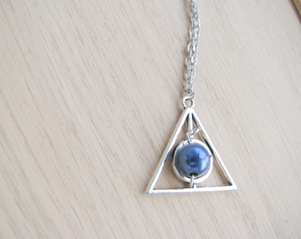 Triangle charm necklace, Blue pearl  pyramid charm choker,blue pearl triangle chkoker, silver necklace,silver choker, silver pyramid choker,