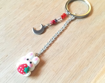 Strawberry bunny keychain,beaded jewelry, cute keychain,glass beads keychain,cute phone charm crescent keychain,celestial jewelry,cute bunny