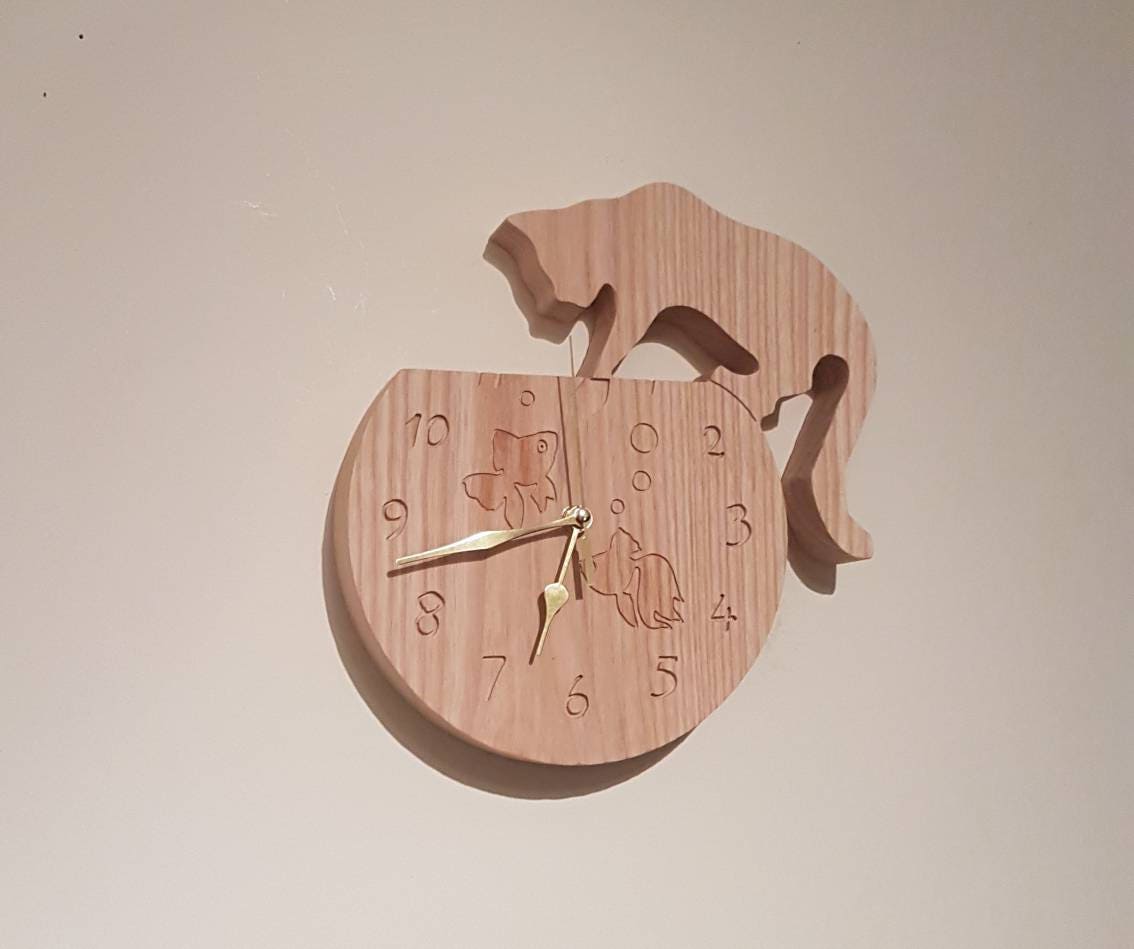 Solid Ash Cat in a Fish Bowl Clock With Silent Sweep Hands Etsy UK