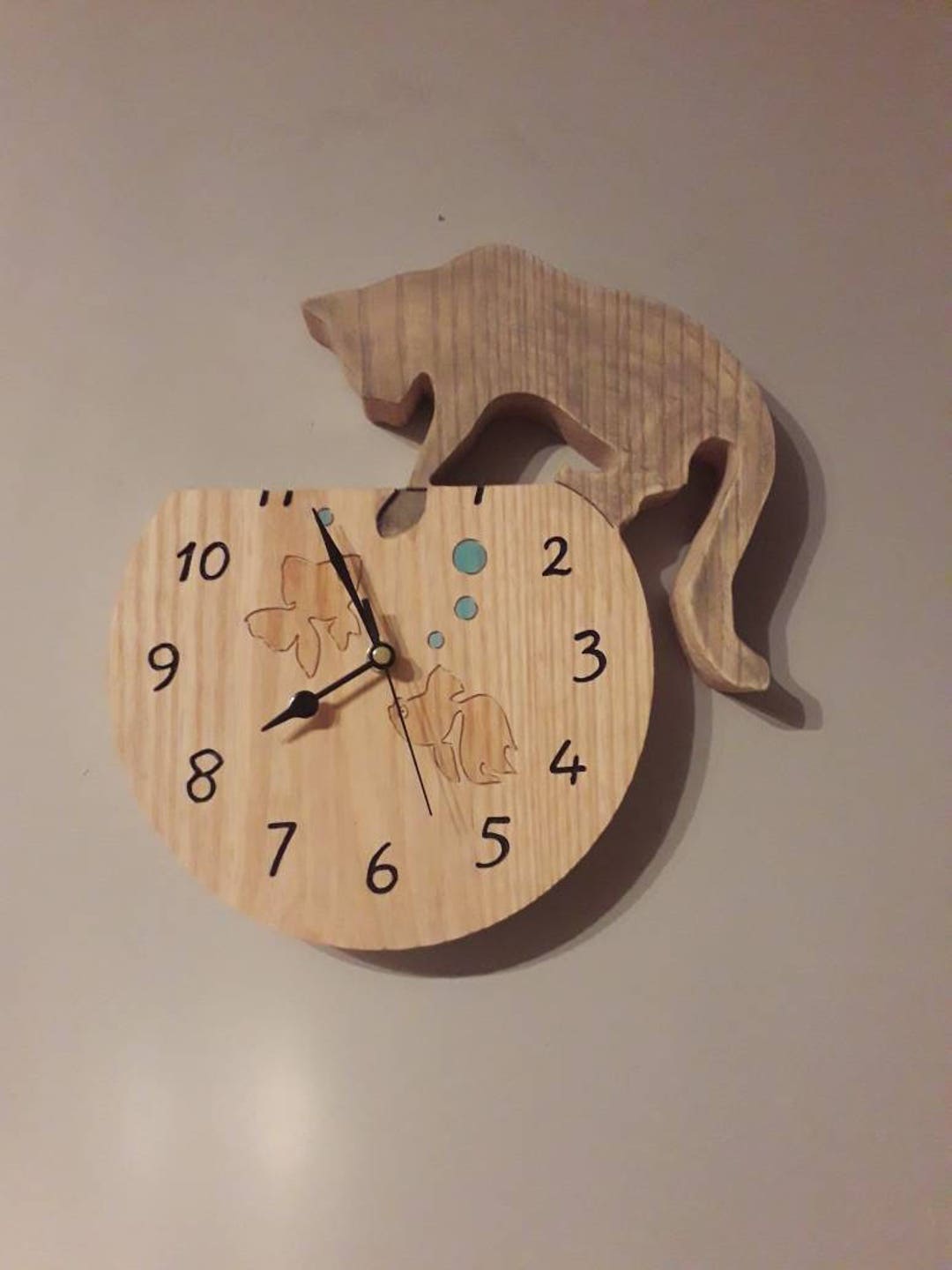 Solid Ash Cat in a Fish Bowl Clock With Silent Sweep Hands Etsy UK