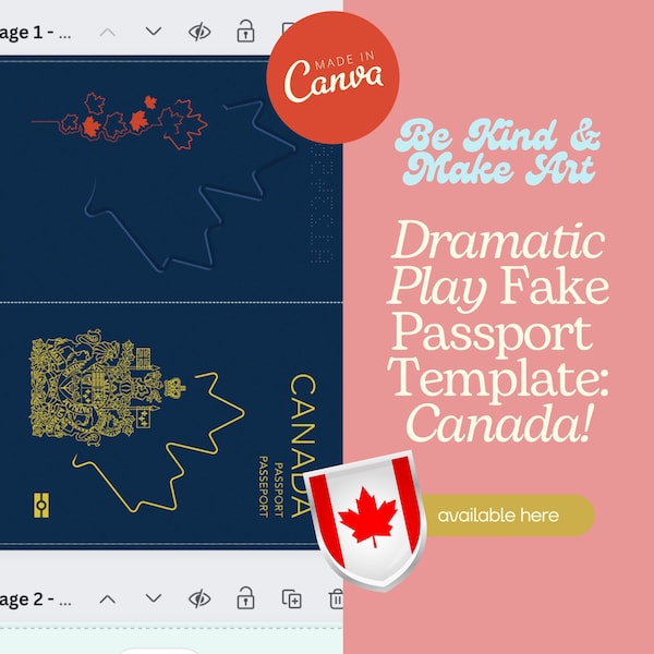 Children's Pretend Play Passport Template: Canada | Editable Canva Template for Kids' Dramatic Play