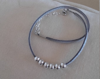 Bracelet gray leather cord silver beads