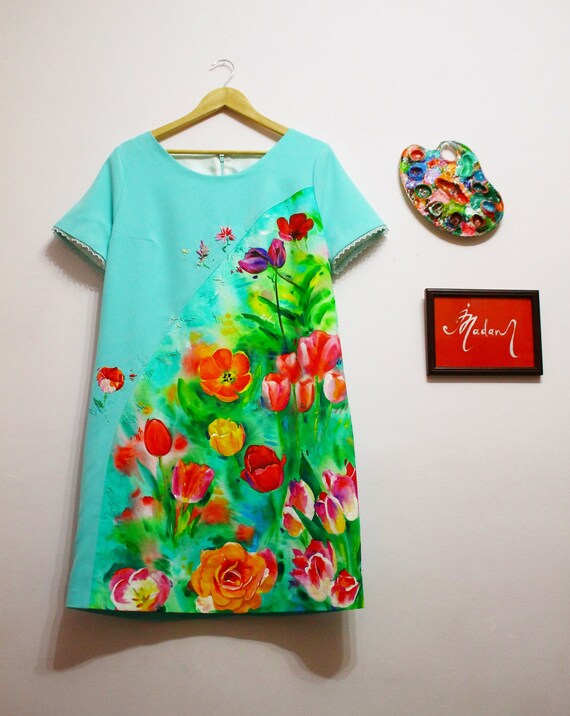 Hand Painted Floral Summer Dress Turquoise Clothing Etsy