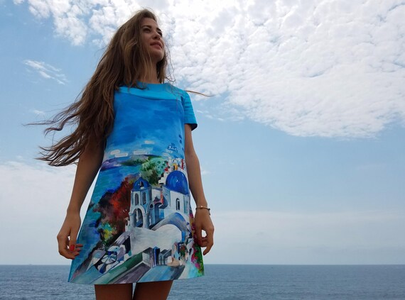 Hand Painted Dress Light Blue Dress Beach Dress Cotton Etsy