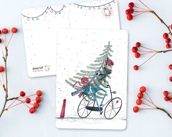 Weihnachtsbaum-Radfahrer-Postkarte, Weihnachtsbaum-Postkarte, Postkarte Weihnachten lustig, Weihnachtsgrüße, Radfahrer mit Weihnachtsbaum-Weihnachtskarte