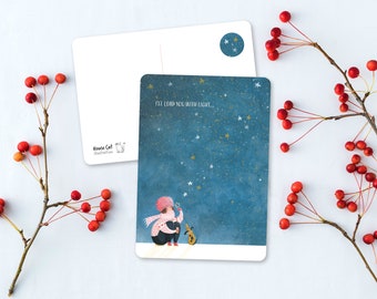 May include: A blue postcard with a starry night sky and a girl blowing bubbles with a dog beside her. The text on the postcard reads "I'll lead you with light..."