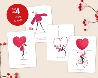 Set van 4 grappige liefdeskaartjes inclusief kraftpapier enveloppen, Liefdeskaartenset, Kaartenset liefdesillustraties