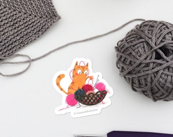 Woolly cat sticker, Sticker for knitting fans, Cat plays with wool sticker, Naughty cat sticker