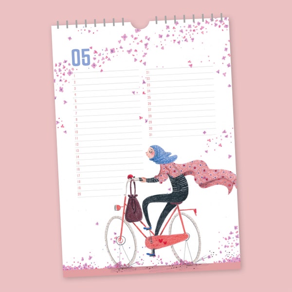 Verjaardagskalender, Doorlopende kalender, Kalender met fietsers, Wandkalender, Muurkalender, Geïllustreerde kalender, Grappige kalender