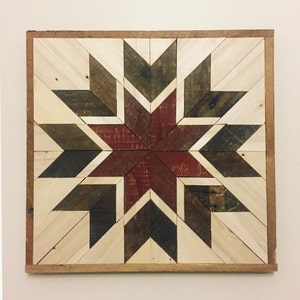 Rustic Reclaimed Wood Eight Point Star Quilt Square (red star)