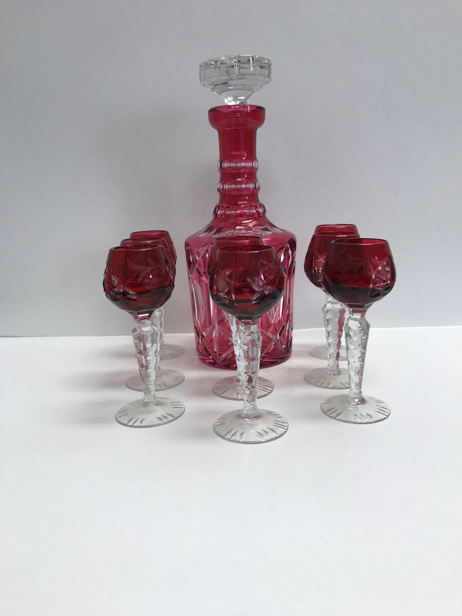 Vintage Ruby Cut to Clear Crystal Decanter Cordial Set Etsy