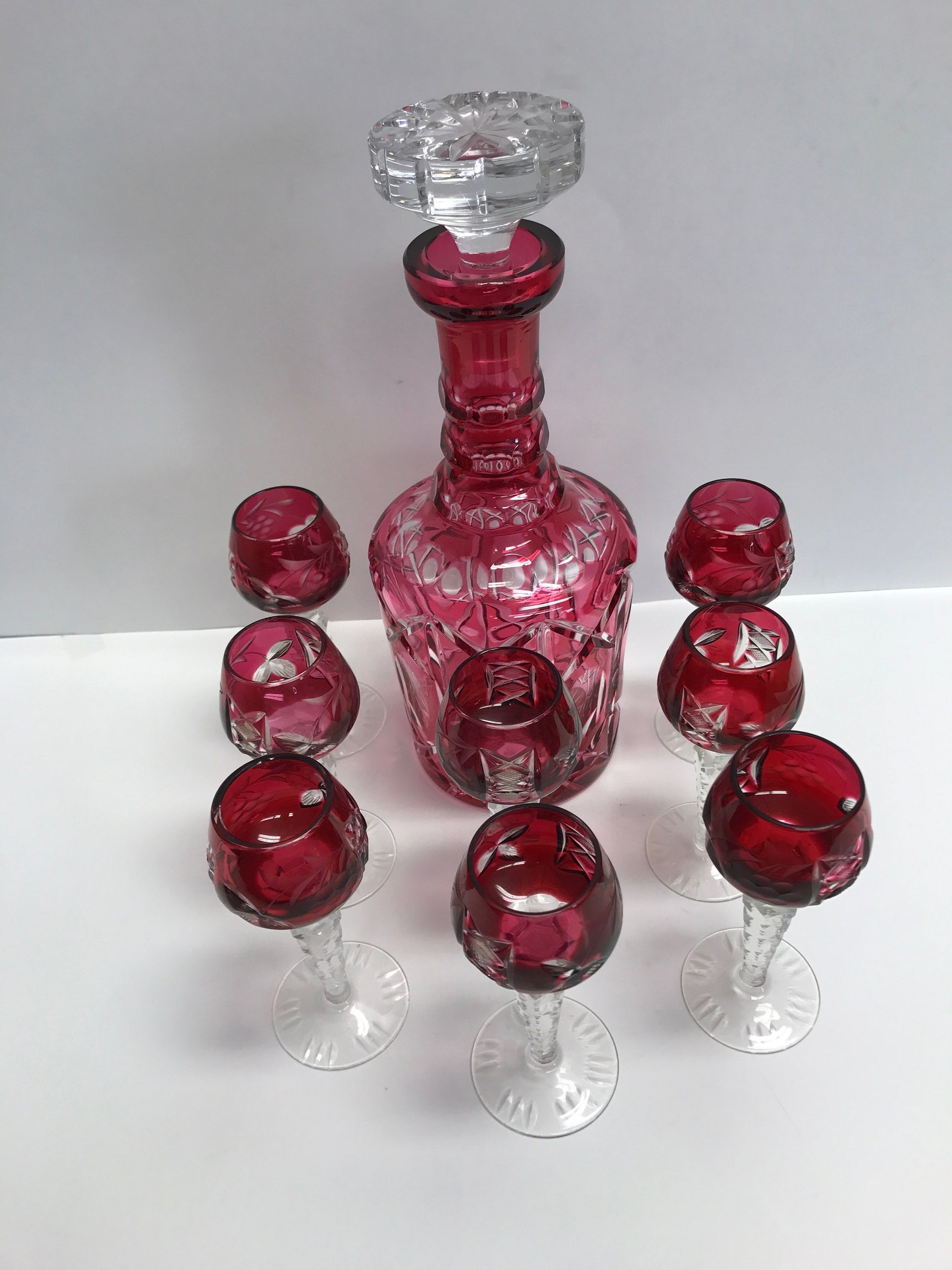 Vintage Ruby Cut to Clear Crystal Decanter Cordial Set Etsy