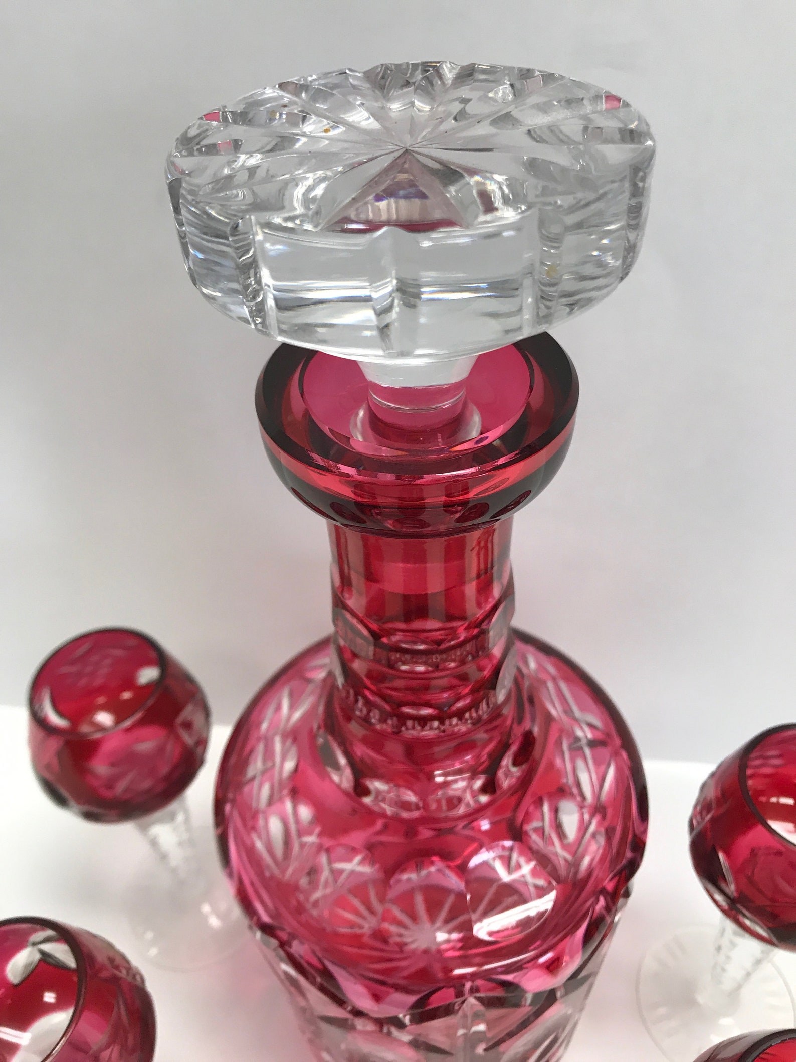Vintage Ruby Cut to Clear Crystal Decanter Cordial Set Etsy
