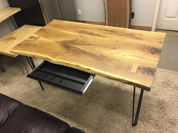 Live Edge White Oak Desk With Hidden Drawer On Hairpin Legs Etsy