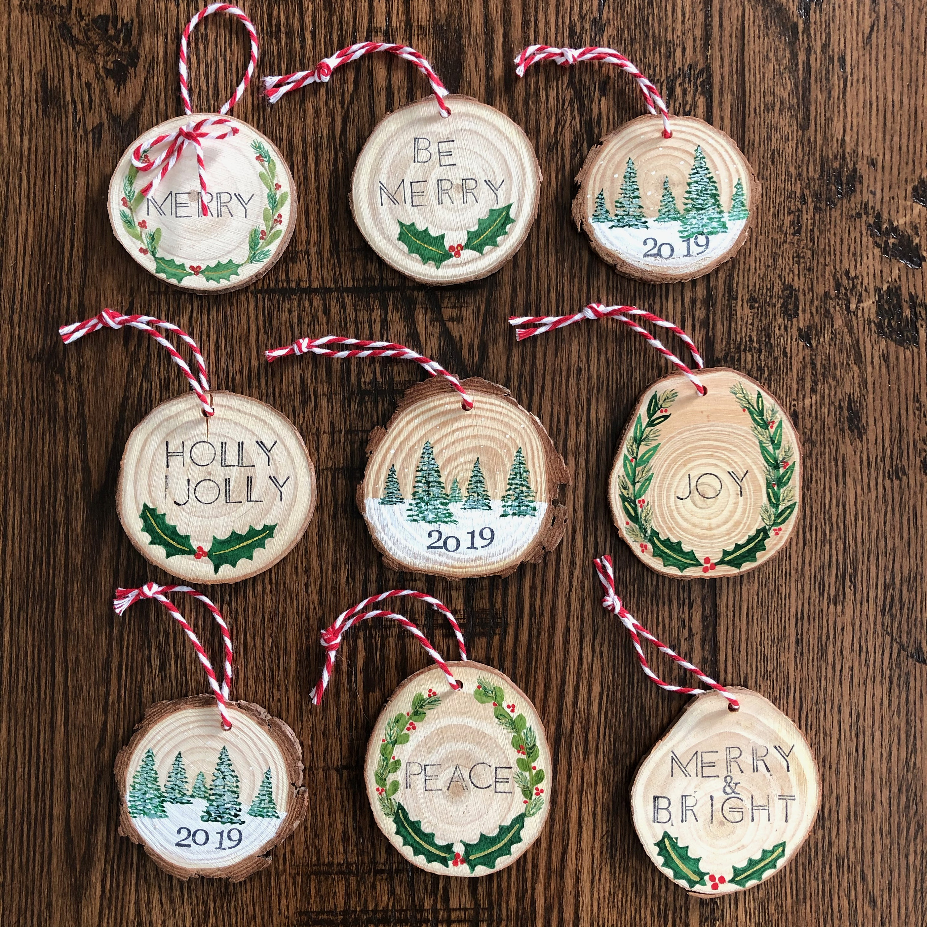 Wood Slice Christmas Ornaments // Hand Painted Watercolor 