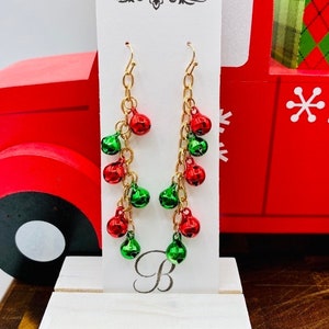 Christmas Jingle Bell Dangle/Drop Earrings, Red and Green Jingle Bell Earrings, Red and Green Christmas Sleigh Bell Earrings