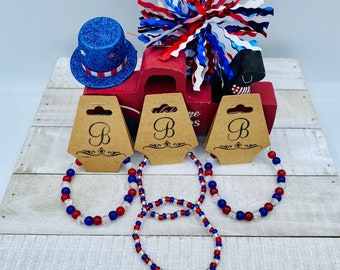 Patriotic Beaded Bracelet: Red, White & Blue Stackable Jewelry