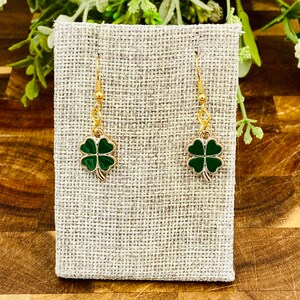 Minimalist Green and Gold Shamrock, Four Leaf Clover, Carm Earrings