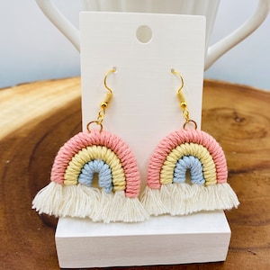Boho Rainbow Macrame Earrings,  Macrame Rainbow Earrings,  Macrame Earrings, Pink, yellow and blue Earrings