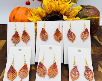 Wooden Leaf Dangle Earrings Hand painted in Fall Colors