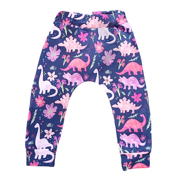 Leggings floraux dinosaures pour bébés et tout-petits, fait main sur commande, tissu près du corps, dinosaure girly, sarouels extensibles, cadeau pour une fille qui aime les dinosaures, rose