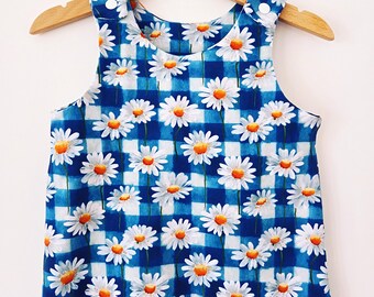 Blue Gingham Daisy Romper, Handmade To Order, Baby Dungarees, Harem, Baby Romper, Cloth Bum Fit, Gift For Girls, Spring, Summer, Flowers