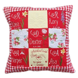 Personalised Birth Flower Cushion, Handmade and Embroidered, Memory Cushion, Pillow, Grandchildren, Gift for Grandparents, Name Cushion