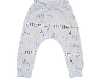 Birthday Boy Baby & Toddler Leggings, Handmade To Order,Cloth Bum Fit, Stretch Harems, Blue Leggings, Birthday Outfit,Cake Smash, Photoshoot