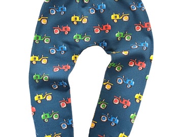 Baby & Toddler Leggings, Navy Blue Tractors, Multicolour, Handmade To Order, Cloth Bum Fit, Farm Vehicles, Stretch Harems, Colourful Tractor