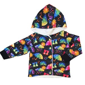 Rainbow Autumn Hooded Jacket, Baby & Toddler, Lined Cardigan, Handmade, Autumn, Supersoft Fleece, Snuggly Winter Baby Outfit, Cardi, Wellies
