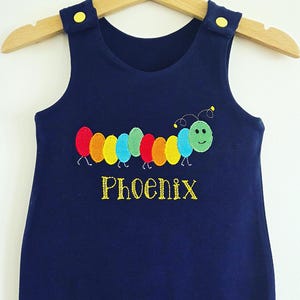 Personalised Caterpillar Romper, Baby & Toddler, Handmade To Order, Cloth Bum Fit, Embroidered, Rainbow, Hungry Caterpillar, Dungarees