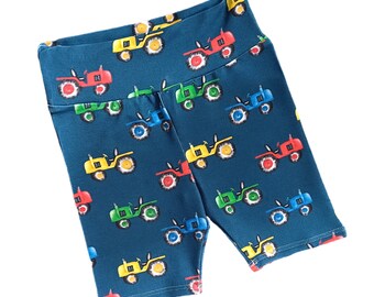 Shorts cyclistes pour tracteurs, bébé et tout-petit, fait main, extensible et confortable, jersey de coton, neutre entre les sexes, shorts d'été, véhicules agricoles, cadeau