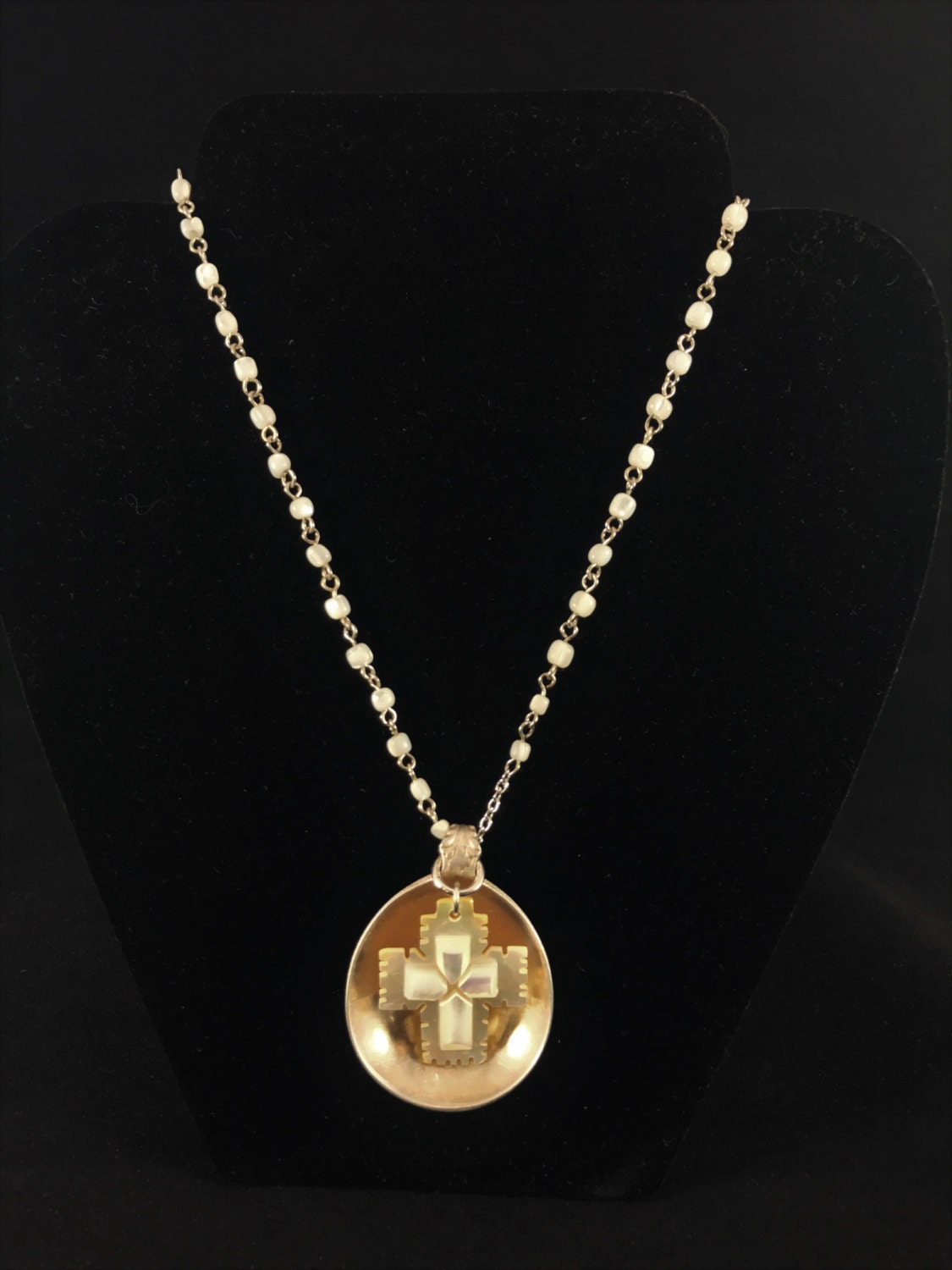 Pearl cross in silver spoon necklace | Etsy